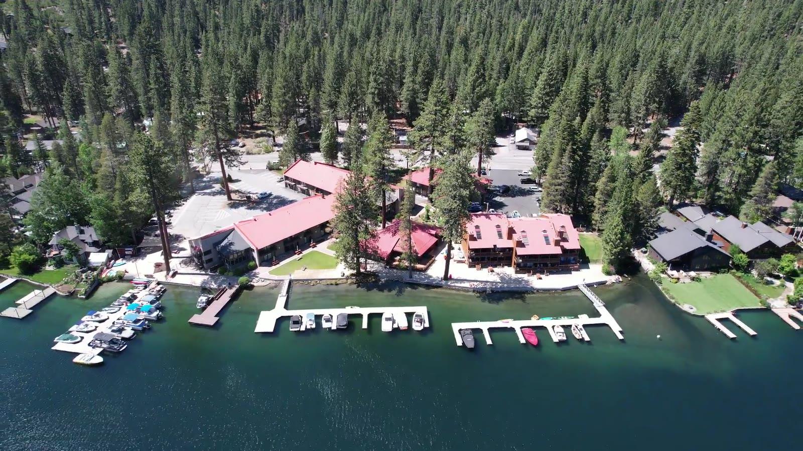 Aerial summer footage of Donner Lake Village Resort in Truckee, California
